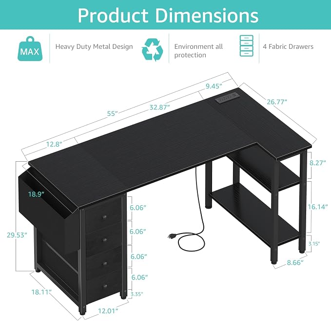 Lufeiya L Shaped Gaming Desk with Drawers & Storage Shelves, 55 Inch Corner Computer Desk with Power Outlet for Home Office Bedroom, L-Shaped Teen PC Desks with Fabric Drawer, Black - Image 3