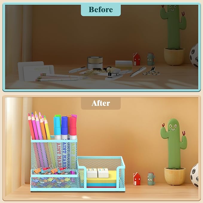 SUPEASY Mesh Pen Holder Desk Organizer, Office Supplies Pencil Storage with 3 Compartments, Office Desk Accessories and Workspace Organizers for Home School, Blue - Image 7