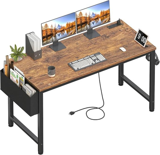 Lufeiya Gaming Desk with Power Outlet, 55 inch Teen Study Table Home Office Work Writing Computer Desks with Charging Station Outlets Built in, Brown by LUFEIYA