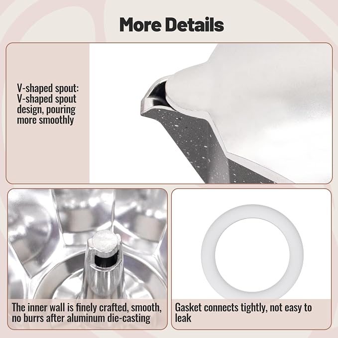 3 Cup Aluminum Moka Pot Classic Stovetop Espresso Coffee Maker 150ml 5oz Coffeemaker Percolator Mocha Pot Greca Coffee Maker Cafe Makers for Italian and Cuban Café Brewing Gray - Image 6