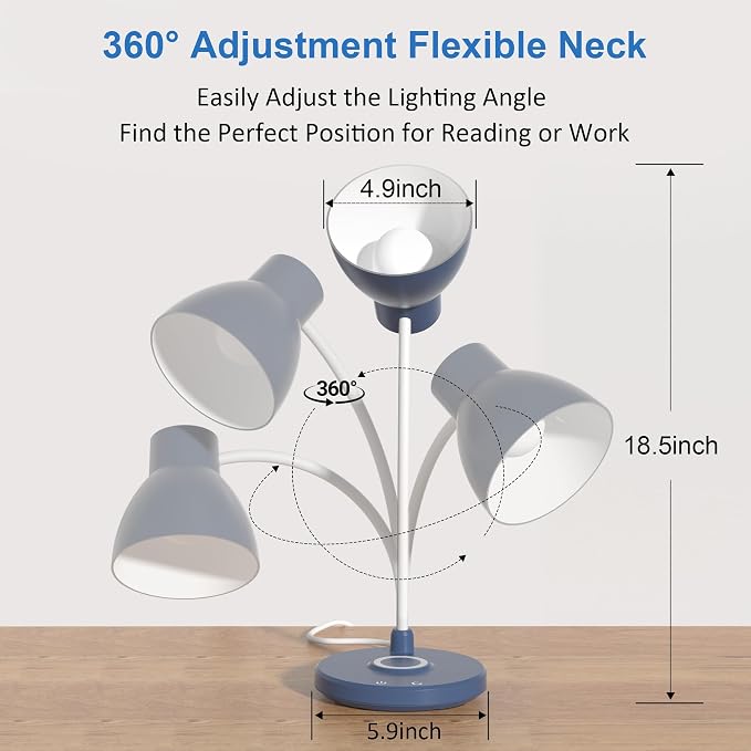 LED Desk Lamp for Home Office with Wireless Charger, Navy Blue | 3 Color Modes Dimmable Eye-Caring Study Reading Dorm Desk Lamp, 360° Flexible Arm Table Lamp for College Dorm Room, 800 Lumen - Image 4