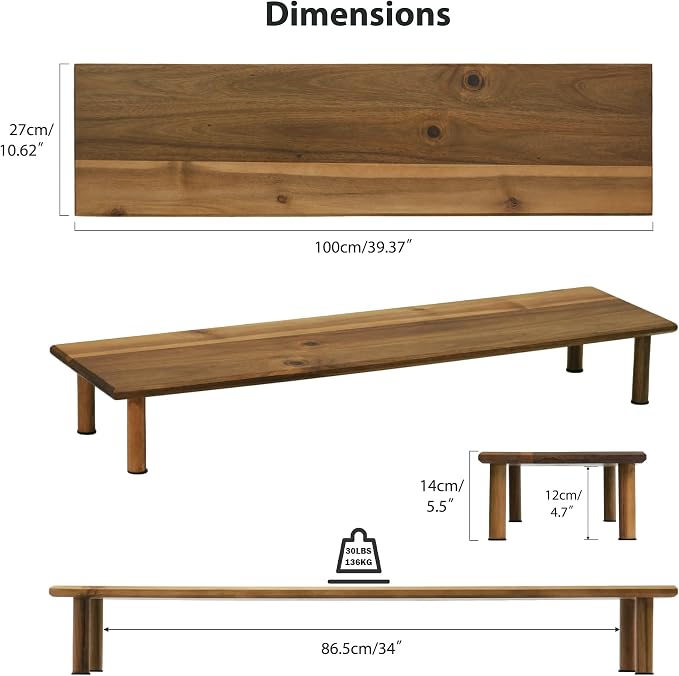 Dual Monitor Stand Riser Acacia Wood, Wooden Desk Monitor Riser for 2 Monitors Supports for Monitor, Printer, Heavy TV Riser up to 130 lbs - Image 4
