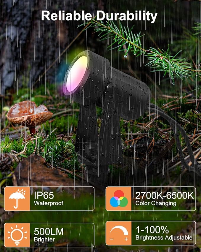 Ligency Spotlight Outdoor Smart Low Voltage Landscape Lights, 6 Pack Outdoor Spot Lights IP65 Waterproof RGBW Color Changing Spotlights for Yard Garden, 54Ft - Image 8