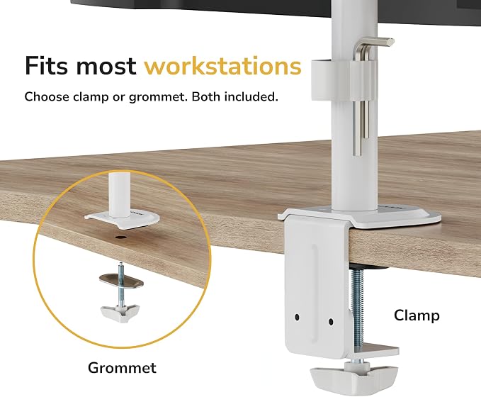 Mount-It Dual Monitor Arm for Desk, Full Motion Steel Mount 17-32 Inch | Holds up to 19.8 lbs per Arm, VESA 75x75 100x100, C-Clamp and Grommet Base, Cable Management, Height Adjustable, White - Image 7