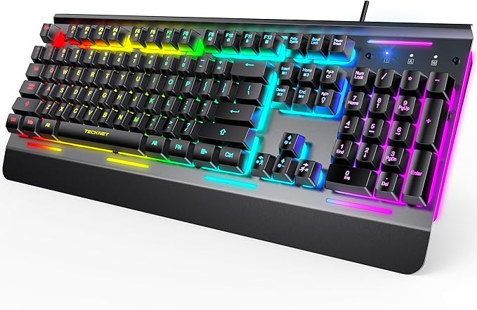 TECKNET Wired Gaming Keyboard, RGB Backlit Keyboard with Metal Panel Design | 15-Zone RGB Illumination, Whisper Quiet Design, IP32 Water Resistance, 25 Anti-ghosting Keys, Ergonomic Design by Tecknet