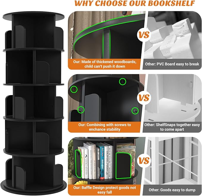 Aheaplus Rotating Bookshelf, 360 Display Wood Spinning Bookshelf Tower, 5 Tier Floor Standing Bookcase Storage Rack, Revolving Bookcase Corner Bookshelf for Small Space, Bedroom, Study Room, Black - Image 7