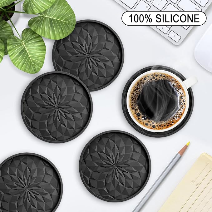 ME.FAN Silicone Coasters with Holder,[6 Pack] Drinking Coasters - Cup Mat for Hot or Cold Drinks, Thickened, Non-Slip, Non-Stick,Deep Tray Black - Image 2