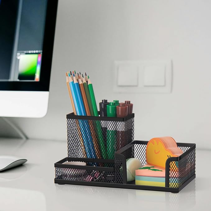 Comix 2 Packs Mesh Pen Holder, Desk Organizer for Home Office, Black | 3 Compartment Pencil Holder, Sticky Notes Holder, Pen Organizer Office Supplies - Image 2
