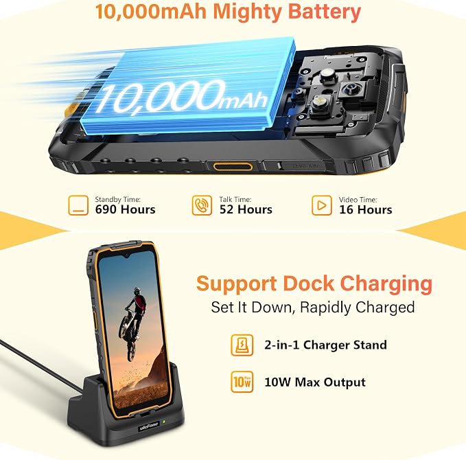 Ulefone RugKing 4 Pro Tough AI Rugged Phone, 10000 mAh 16GB + 128GB, Android 15 Octa-Core 48MP 6.56" 120Hz, 120LM Super Torch/3 Card Slots/IP68/IP69K/NFC, Package with Exclusive Armor Case- Black - Image 5