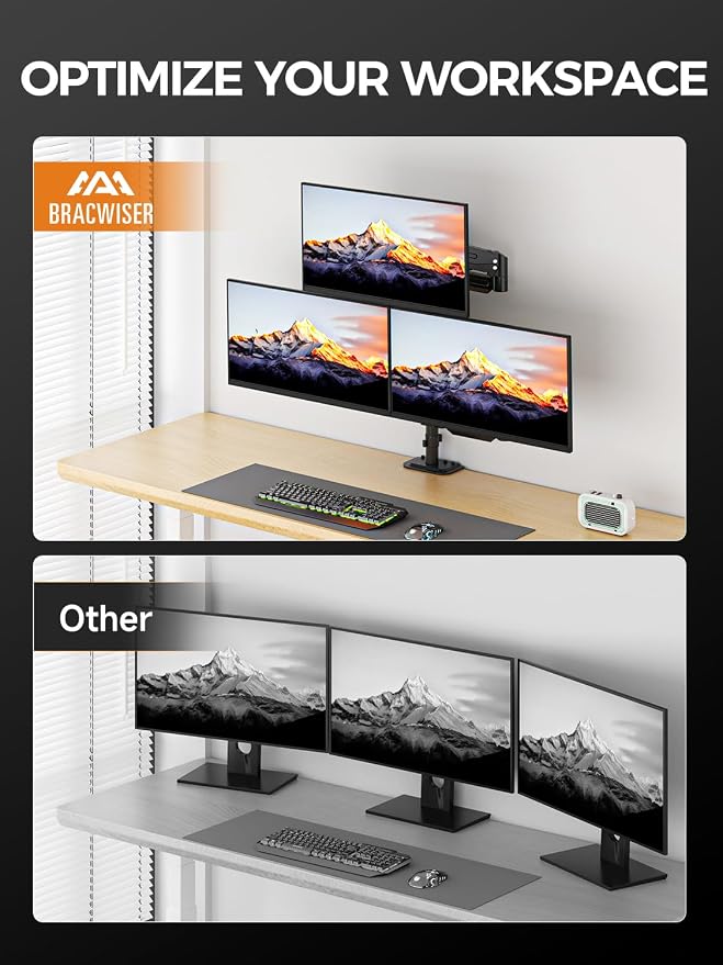 Bracwiser Triple Monitor Mount for Max 34" Screens, up to 24.25lbs Each, Full Adjustable 3 Monitor Desk Stand, Three Gas Spring Arm with Tilt Swivel Rotation, VESA 75x75/100x100mm, Black, MDX883B - Image 6