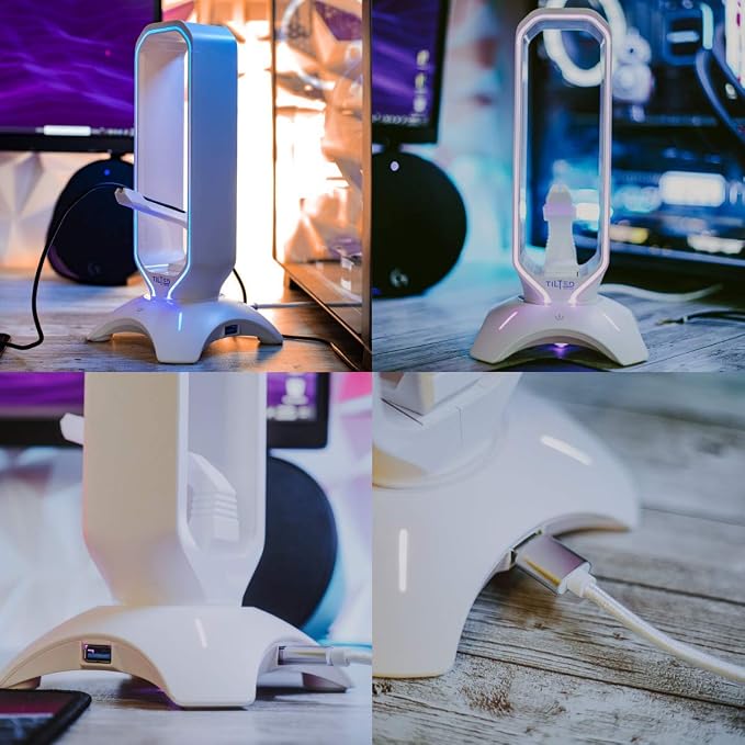 Tilted Nation Gaming Headphone Stand | RGB Headset Stand White | Headset Holder for Desk with Mouse Bungee and USB Hub | The Ultimate Gaming Accessories for Gamers for PS5, Xbox, PC - White - Image 7
