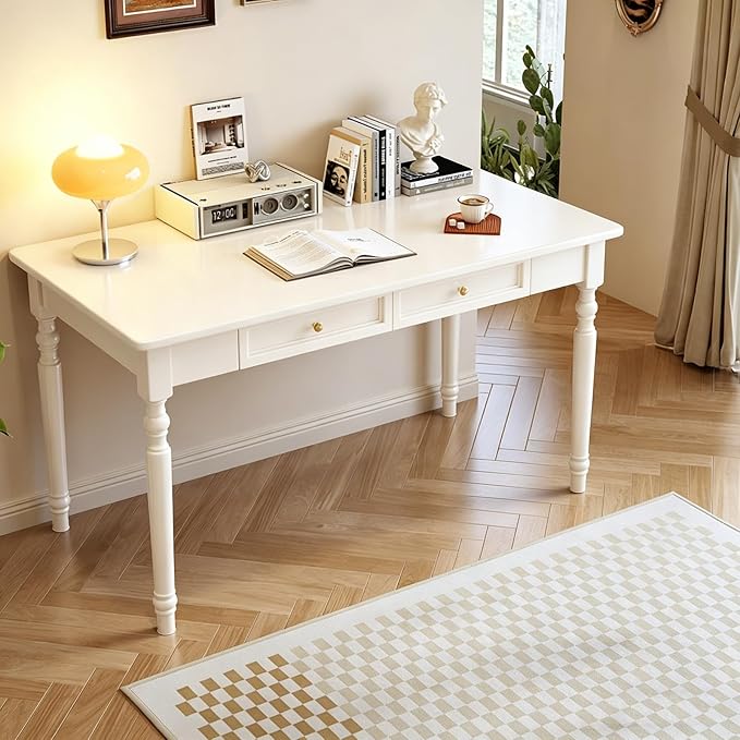 Solid Wooden Desk with Drawers, Small Writing Desk with Drawers for Computer, PC Desk for Work, Study or Gaming, Easy to Assemble (Ivory White, 39in) by Unknown