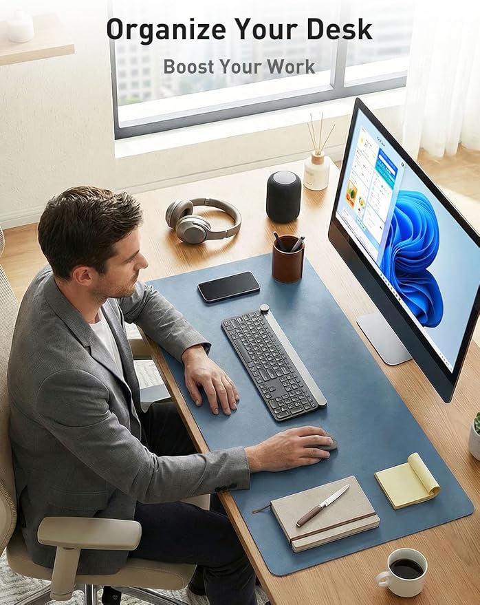Aothia Faux Leather Desk Mat - Non-Slip PU Leather Desk Blotter, Waterproof Writing Surface, Large Desk Pad for Office & Home (Denim Blue, 55" x 17") - Image 3