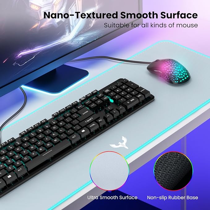 BladeHawks RGB Gaming Mouse Pad Extra Large Extended 31.5x12 Inch-Grey | LED mouse pad with 14 lighting modes, covers keyboard & mouse, anti-slip rubber base, waterproof surface, USB powered - Image 3