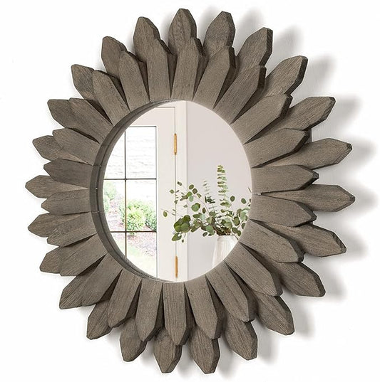 Honiway Farmhouse Wall Decor Mirror 12 inch Sunburst Boho Wood Mirror Rustic Home Decor Room Decoration for Bedroom Living Room Weathered Grey by Honiway