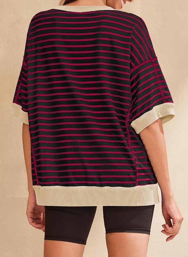 SHEWIN Womens Tops Casual Short Sleeve Sweatshirt Crewneck Striped Shirt Pullover T Shirts Loose Blouses - Image 4