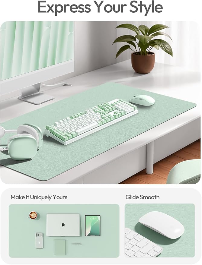 YSAGi Leather Desk Protector, Office Mat, Large Mouse Mat, Non-Slip PU Leather Blotter, Laptop Pad, Waterproof Writing Pad for Office and Home (Pale Green, 23.6" x 13.8") - Image 2