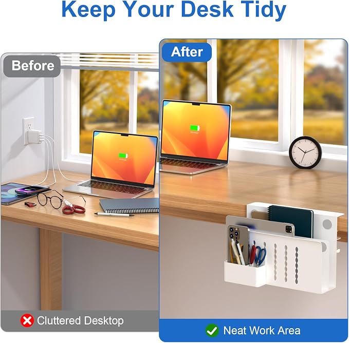 HAMOPY Desk Side Storage, 2 Tier Steel Hanging Desk Organizer with Magnetic Pen Holder, No Drilling Standing Desk Drawer Cable Management Tray, Under Table Laptop Holder for Office, School&Home(White) - Image 4