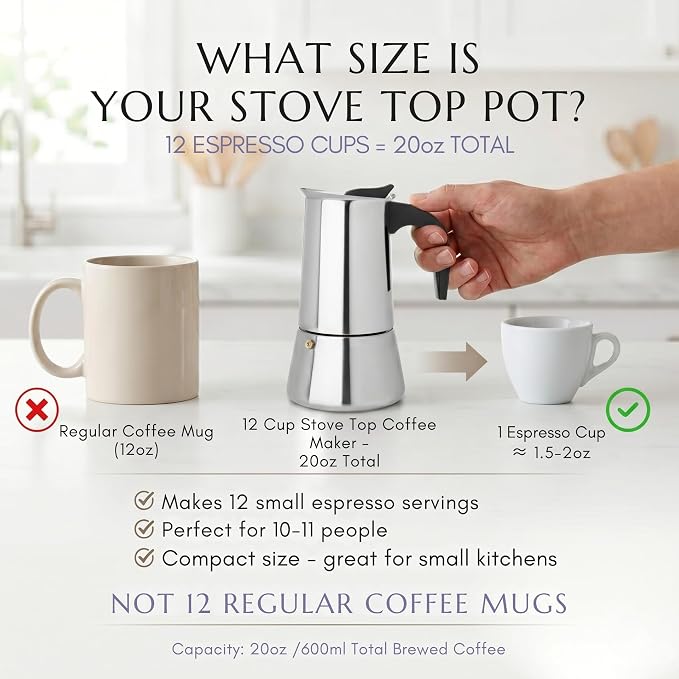 Mixpresso 12 Cup Greca Moka Pot, Stainless Steel Stovetop Espresso Maker | 600ml/20oz Italian stovetop coffee maker with classic percolator design, ideal for preparing coffee at home or while camping - Image 3