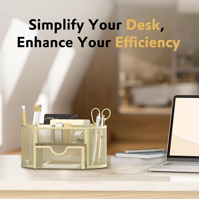 SUPEASY Mesh Desk Organizer, Desk Accessories & Workspace Organizers with Drawers, Pencil Holder for Desk with 9 Compartments for Office Suppliess, 8.6 x 4.3 x 4.1 Inch, Yellow | Pull-Out Drawer Stores Pens, Pencils, Clips, Notes, and Small Office or S... - Image 2