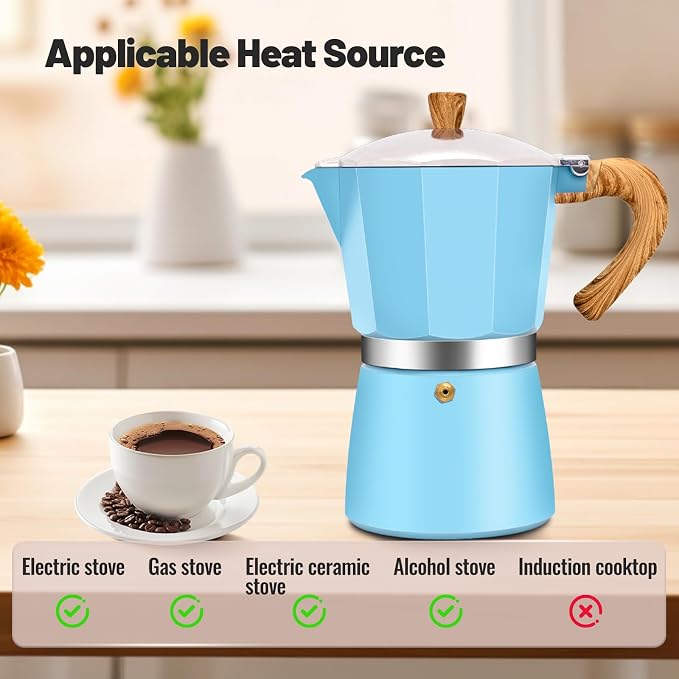 12 Cup Aluminum Moka Pot Classic Stovetop Espresso Coffee Maker 600ml 20oz Coffeemaker Percolator Mocha Pot Greca Coffee Maker Cafe Makers for Italian and Cuban Café Brewing Blue - Image 4