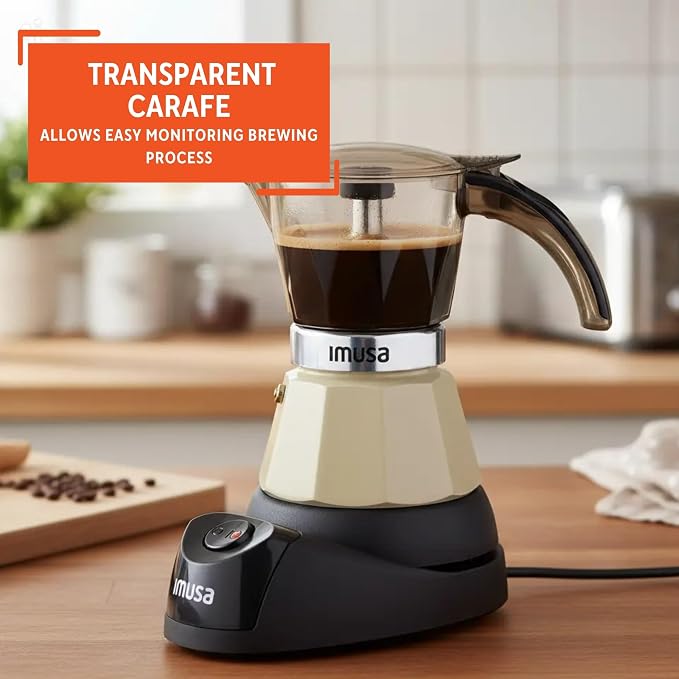 IMUSA 3 or 2 Cup Electric Espresso Maker with Cool-touch Handle, Almond | Bare Aluminum Finish, Keep Warm Function and Detachable Base, Ideal for Cuban and Italian Drinks, Perfect for Home Baristas - Image 4
