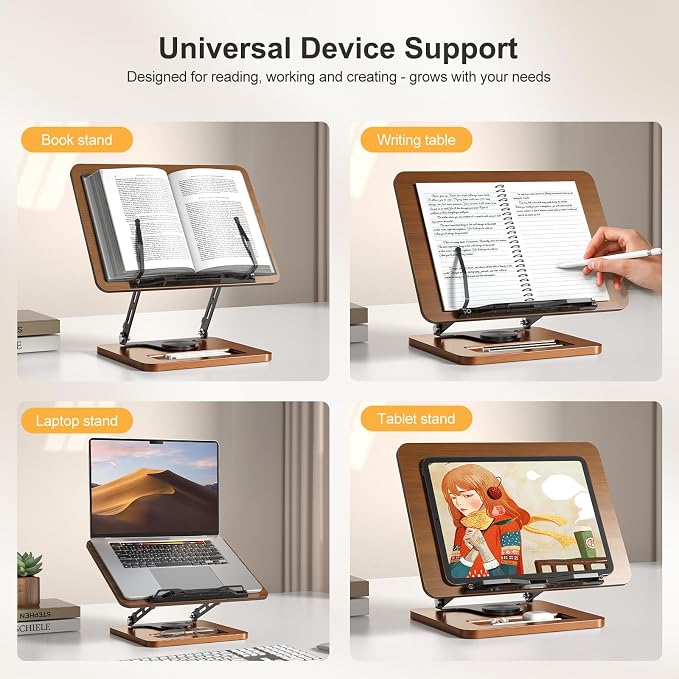 OPTIXCELL Book Stand for Reading, 360° Rotating Book Holder, Page Clips | Hands Free, Built-in Storage Tray, Adjustable Height Angle, Non-Slip, Foldable 13.3x9.4x1.9in, Fits Cookbook Tablet & Laptop - Image 9