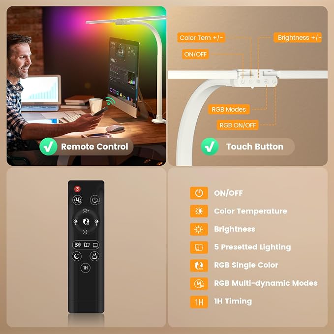 SIBRILLE Upgraded LED Desk Lamp for Home Office with RGB, Rotatable Computer Desk Light with Remote, Tall Table Lamp with Clamp for Working, Dimmable Dual Head Task Lighting for Monitor PC, 22W - Image 5