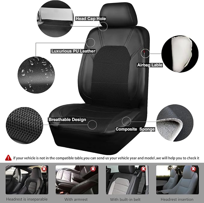 CAR PASS Leather Two Front Car Seat Cover; 4Pcs Waterproof Car Floor Mats & Steering Wheel Cover,Universal Fit Airbag Compatible Automotive Interior Covers (Combo Set, Black) - Image 3