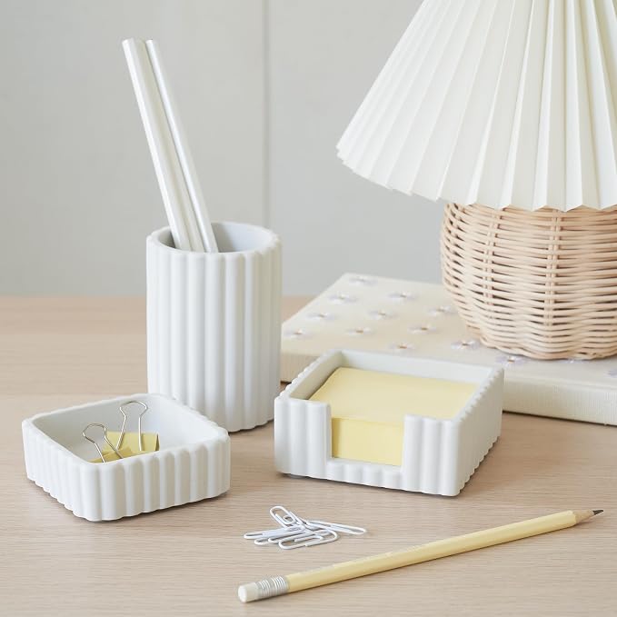 Aesthetic Desk Organizer Set of 3 For Your Office - Sturdy Concrete Desktop Accessories For Women Enhance Any Office Decor - Set incl. Pen Holder, Paperclip Storage & Sticky Note Holder for Teacher - Image 2