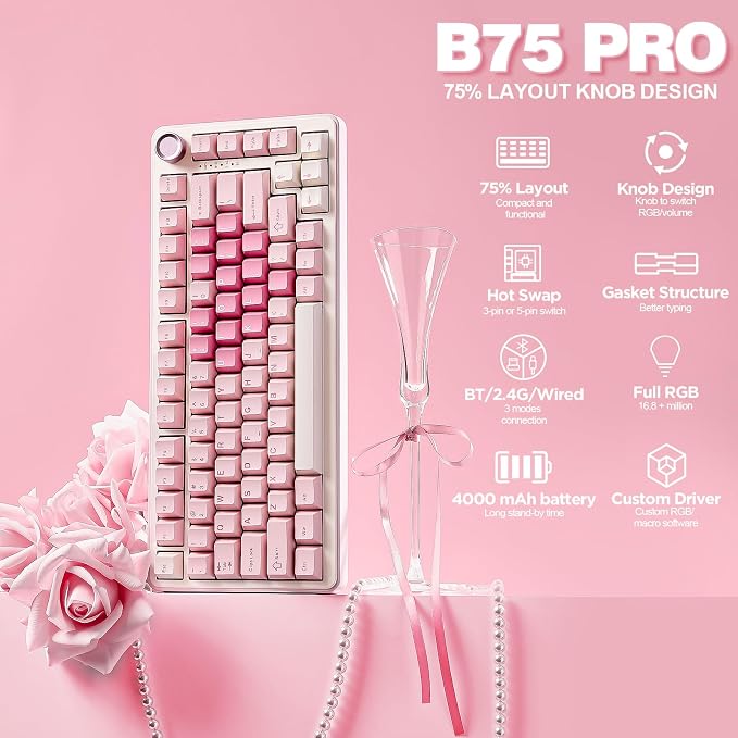 YUNZII B75 PRO 75% Wireless Mechanical Keyboard (Pink, Cocoa Cream V2) | Hot Swap Keyboard with Knob, Gasket Mount, Creamy Pre-lubed Switch for Smooth Typing, BT/USB-C/2.4G, for Gaming - Image 2