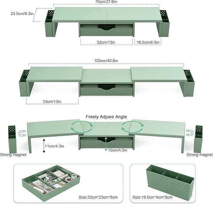Spacrea Metal Desk Organizers and Accessories, Dual Monitor Stand Riser with Drawer and 2 Pen Holders, Book Racks, Desk Accessories & Workspace Desktop Organizers for Office Supplies (Sage Green) - Image 5