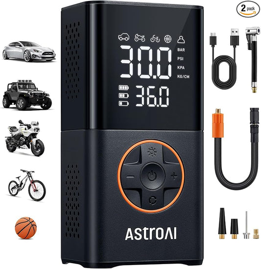 AstroAI L7 Tire Inflator Portable Air Compressor Cordless-2pack Bike Pump with Digital Dual Values Display, 150 PSI Car Tires Pump with LED Lights Air Pump for Cars, Motorcycles, Bikes, Balls Orange by AstroAI