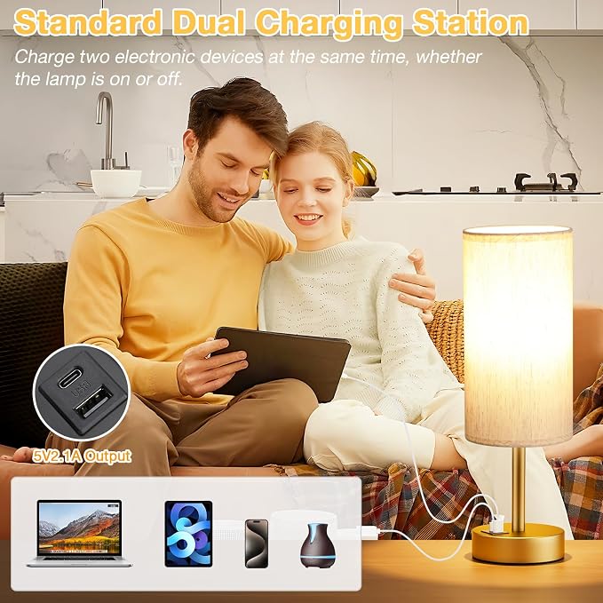 Dicoool Bedside Table Lamp for Bedroom - 3-Way Dimmable Touch Lamp, USB A+C | LED Bulb Included, 14" Small Nightstand Lamp for Desk, Living Room, Guest Room, Cream Fabric Lampshade, Gold Metal Base - Image 4