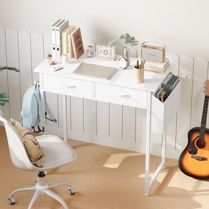 DUMOS 32" Home Office Computer Desk with Drawers, Small Gaming Writing Study Table with Storage Side Bag, Headphone Hook and Adjustable Feet for Bedroom White | Home Office Desk for Bedroom, Gaming Writing Study Desk with Adjustable Feet - Image 5