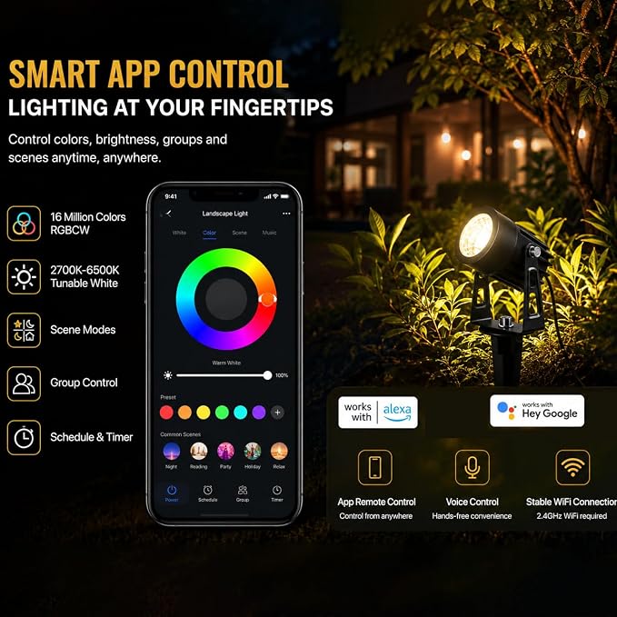 rosykite Smart RGBW Landscape Lighting Kit, WiFi & Bluetooth Outdoor Lights with Transformer, App/Remote/Controller Control, Color Changing Low Voltage Garden Lights for Yard Pathway Patio (6 Pack) - Image 4