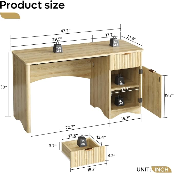 Bestier 47 inch Fluted Computer Desk with Drawer, Office Desk with File Cabinet, Modern Wood Desk with Storage Cabinet for Home Office Bedroom Study, Natural Oak - Image 2