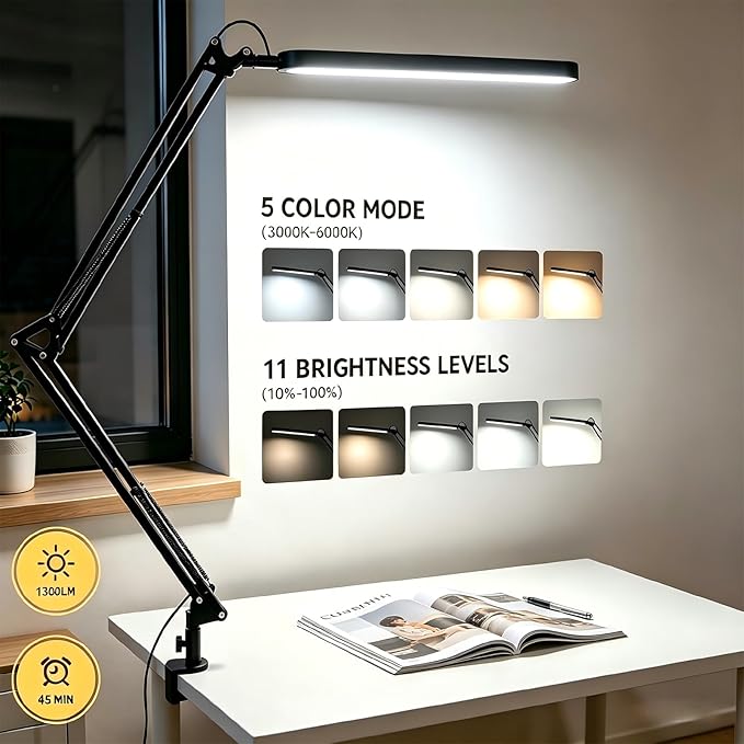 SKYLEO Desk Lamp for Home Office, Eye Comfortable LED Desk Light for Long Hours, Adjustable Swing Arm with Memory Function, Black - Image 2