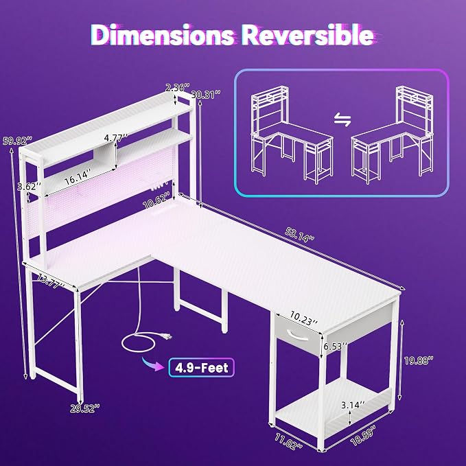 Apicizon L Shaped Gaming Desk 53", Reversible Corner Computer Desk with LED Lights, Carbon Fiber Surface, Pegboard with Hooks, Drawer & PC Tower Stand, USB Charging Port - Image 3