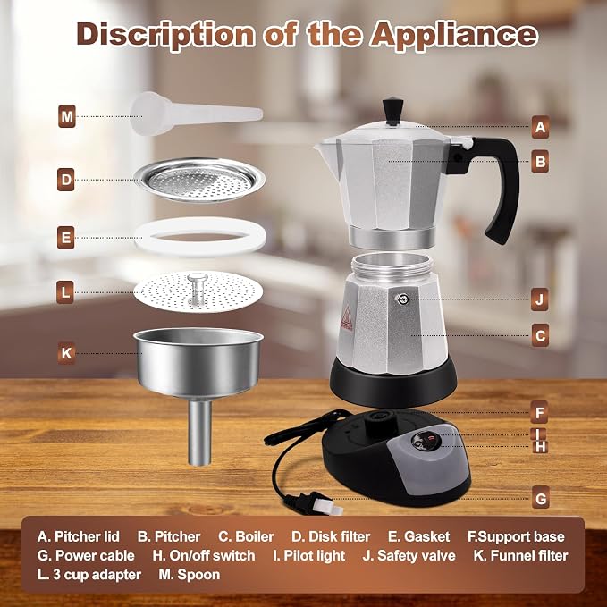 Electric Aluminum Moka Pot 3-6 Cup 150-270ml Espresso Maker | with Detachable Base Ideal Coffee Makers for Home MochaPot Italian and Cuban Café Coffeemaker Espressomaker CoffeePot Silver - Image 3