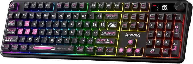 Redragon K526 PRO Wireless RGB Membrane Gaming Keyboard, LED Screen & Knob | See Battery, Mode & Time at a Glance, 0-Delay Tri-Mode, One-Touch Backlit & Media Adjust, 26-Key Anti-Ghost for Combo-Strike by REDRAGON