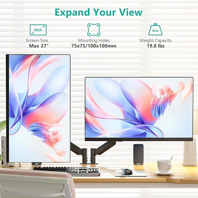WALI Dual Monitor Mount for 13-27 inch Screens, Dual Monitor Arms for 2 Monitors Holds 19.8 lbs, Adjustable Dual Monitor Stand for Desk, VESA Mount 75x75/100x100mm (GSMP002), Black - Image 2
