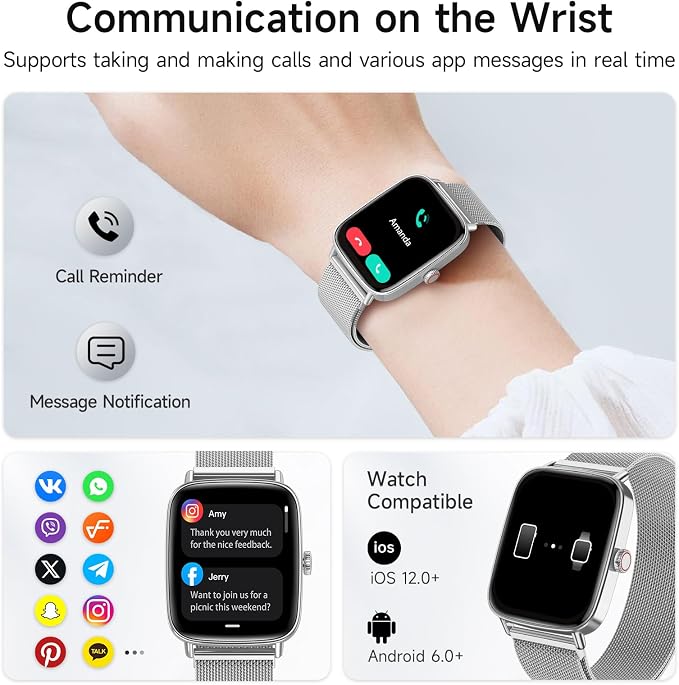 Smart Watch for Men Women, 1.85" HD Smartwatch Compatible iPhone/Samsung/Android (Answer/Make Calls), 100+ Sport Modes Fitness Tracker with Heart Rate/Sleep/SpO2 Monitor, IP68 Waterproof, Metal Band - Image 2