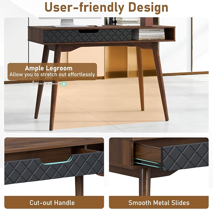 Tangkula Mid Century Modern Desk, Home Office Standing Desk w/Drawer & Open Compartment, Small Computer Desk Work Study Table, Vintage Writing Desk Wooden Workbench for Bedroom/Living Room - Image 7