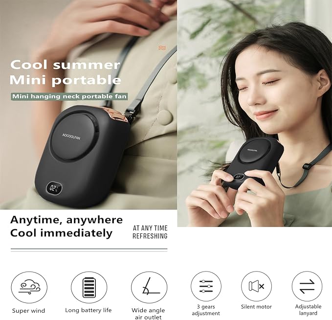 AOCOOLFAN Portable Neck Fan, Mini Small Personal Handheld Fan USB Rechargeable 3 Speed for Girls Boys Woman Eyelash Travel Home Office Outdoor (Black) - Image 2