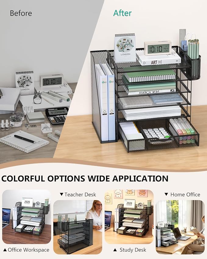 WALI Desk File Organizer, 6 Tier Desktop Paper Letter Tray Organizer with Drawer and 2 Pen Holders, Office Desk Accessories & Workspace Organizers for Office, Home Supplies(DO007DH-B), 1 Pack, Black - Image 6