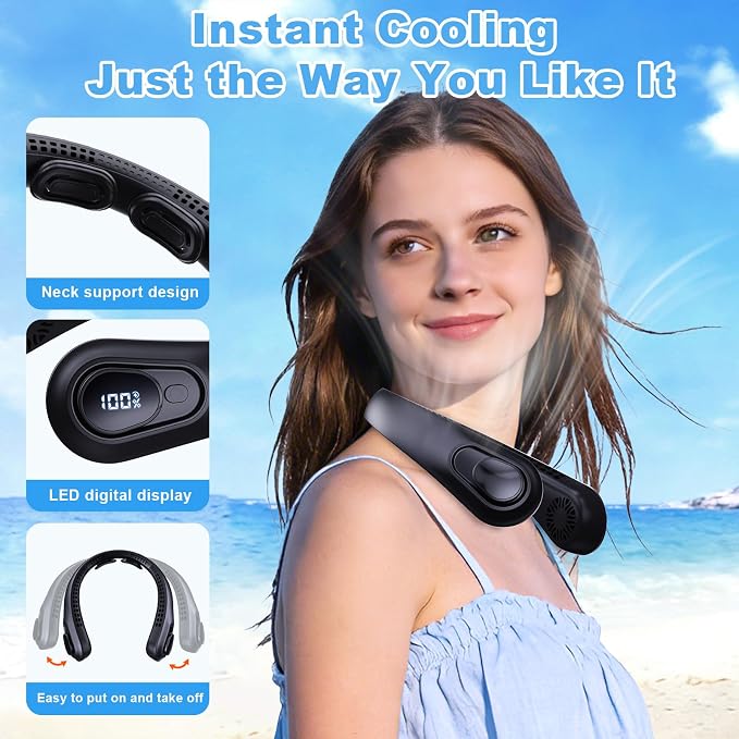 Portable Neck Fan Rechargeable - [with LED Display] 5 Speeds, 5000 mAh Battery Operated Wearable Personal Cooling Bladeless Fan for Outdoor Travel, Gifts for Men Women Kids,Black - Image 2