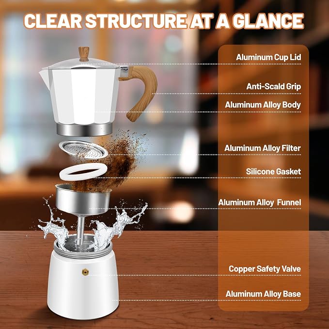6 Cup Aluminum Espresso Stovetop Moka Pot Express Coffee Maker Percolator Italian Classic Mocha Coffee Machine for Italian and Cuban Cafe Brewing for Home & Camping 300ml 10oz - Image 3