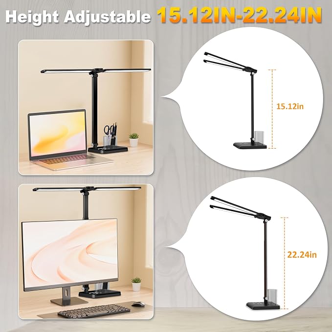 Retractable Dimmable LED Desk Lamp with USB Charging Port Desk Light | Height Adjustable 50 Lighting Modes Dual Swing Arm Architect Adjustable Table Lamp Light for Home Office Dorm Nail, Black - Image 3