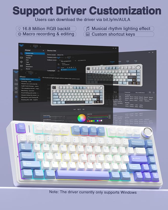 AULA F75 75% Wireless Mechanical Keyboard, Hot Swappable Creamy Keyboard, Pre-lubed Star Vector Switches RGB Backlit Gaming Keyboards, 2.4GHz/Type-C/BT5.0(White&Blue&Purple) - Image 7